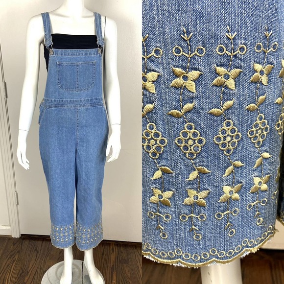 Gloria Vanderbilt Pants - Vintage 90s Y2K PETITE M/L Gloria Vanderbilt Cropped Embroidered Overalls